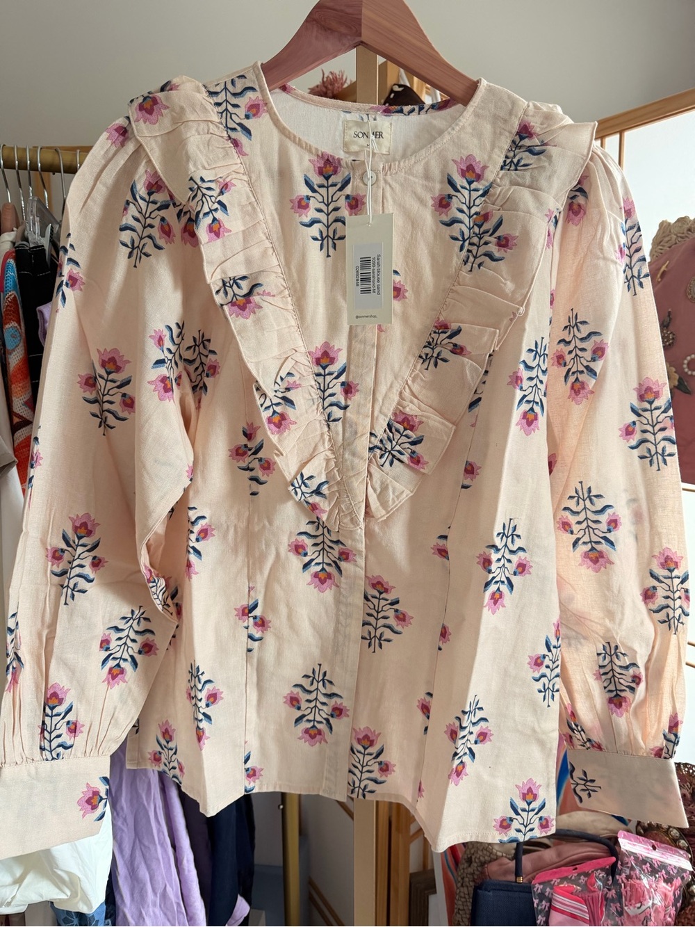 NWT Sonmer Sarah Blouse Sand Floral Print Ruffle Long Sleeve Cotton Blend